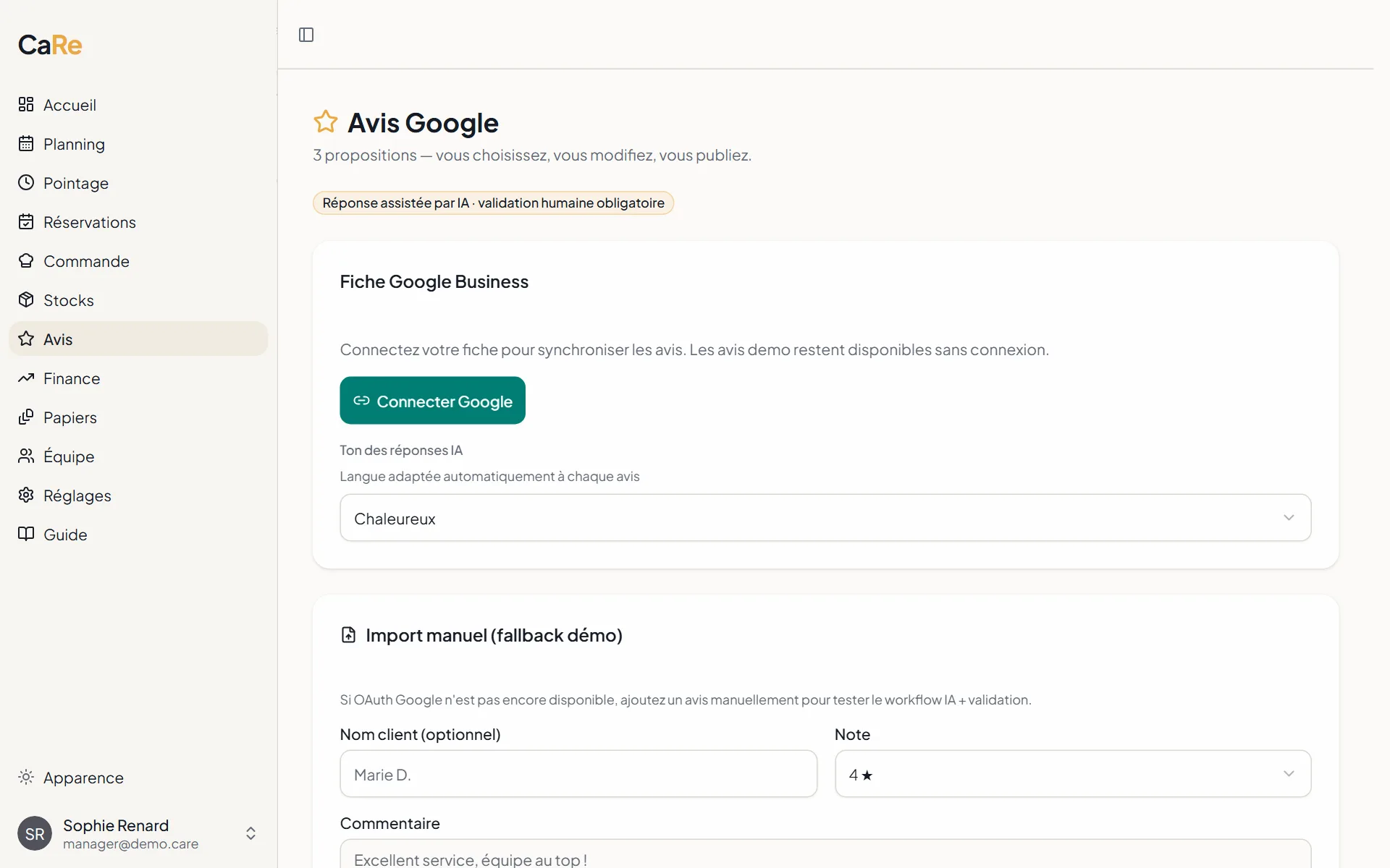 Module Avis de CaRe : liste des avis Google synchronisés avec suggestion de réponse à valider par le gérant