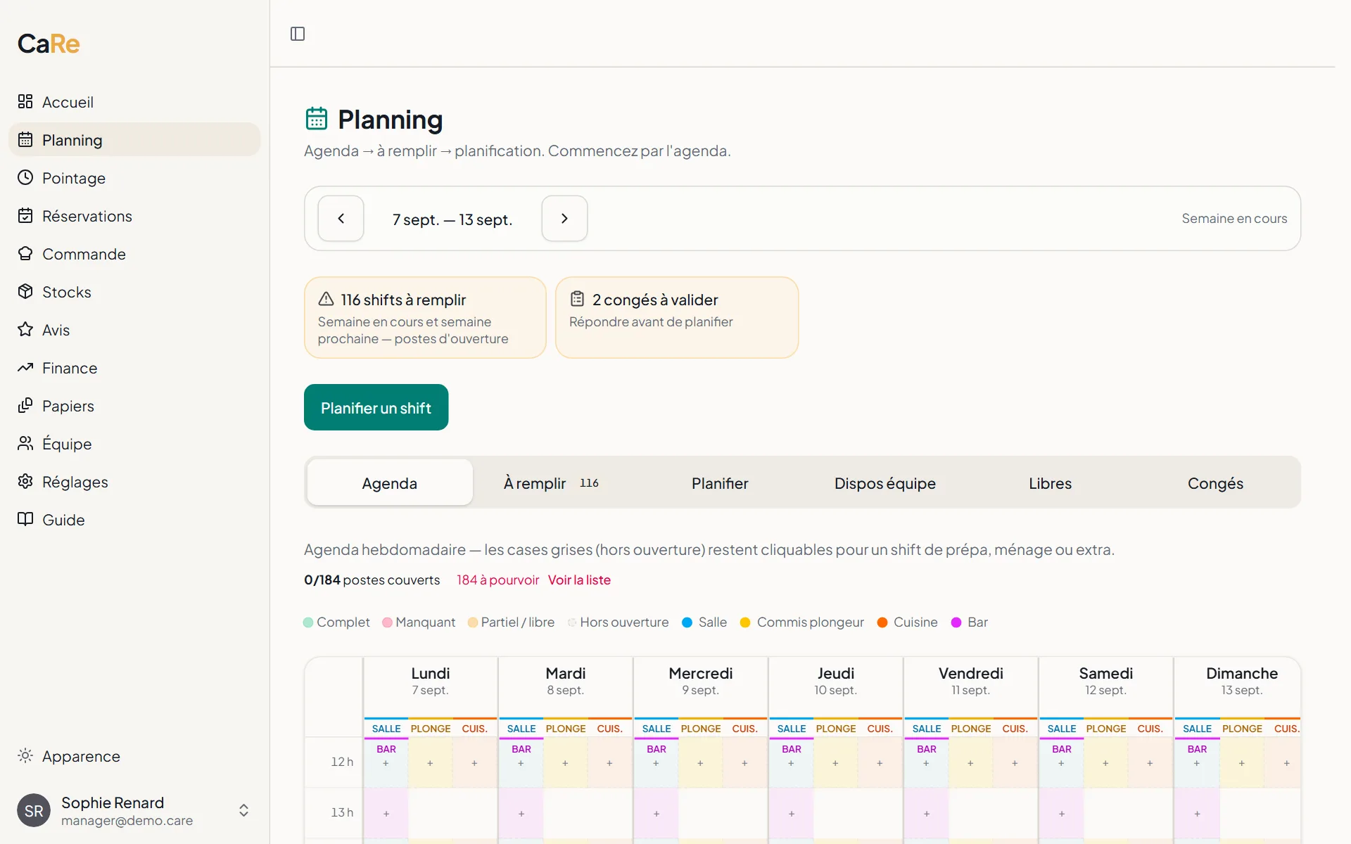 Module Planning de CaRe : agenda hebdomadaire par poste (salle, bar, cuisine, plonge) avec shifts à remplir et congés à valider