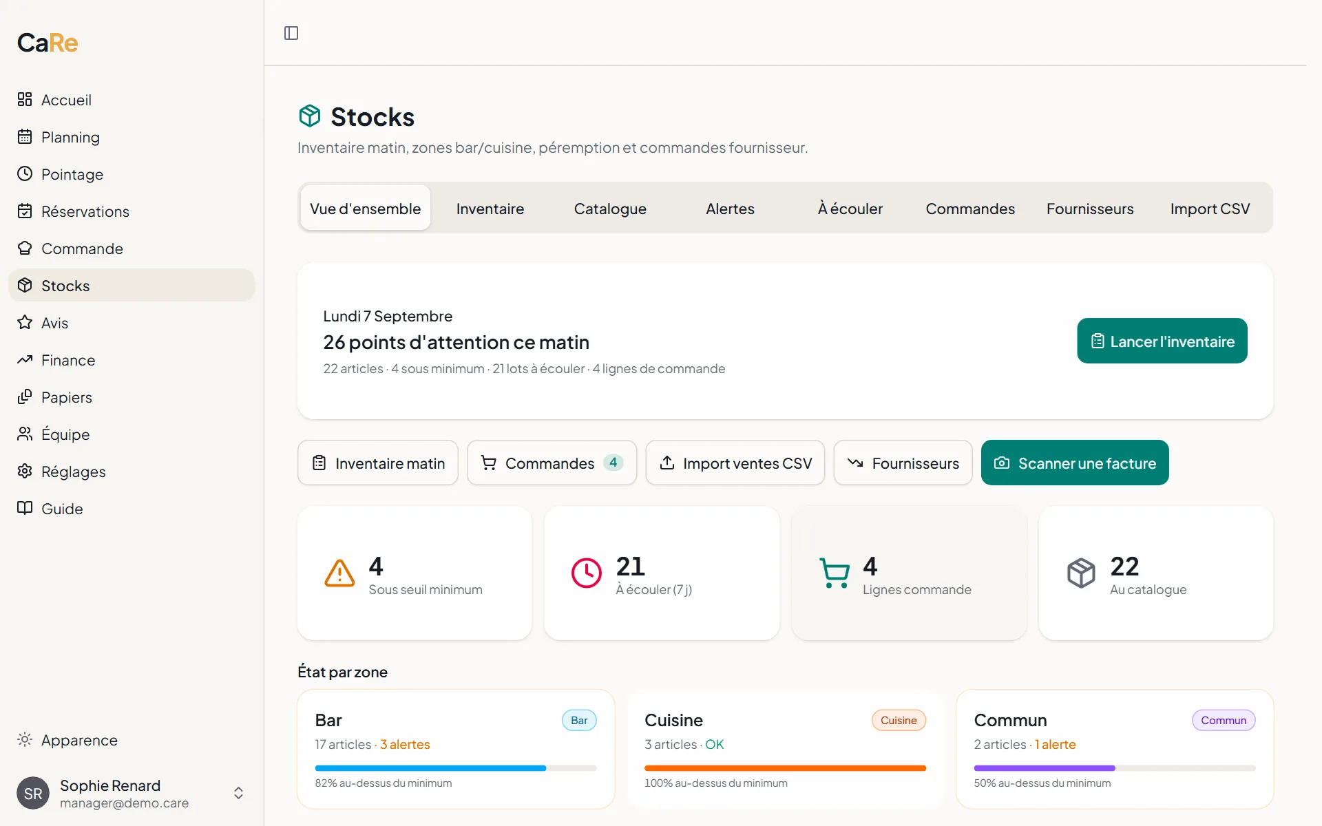 Module Stocks de CaRe : catalogue des articles avec quantités, seuils d'alerte et import CSV Lightspeed