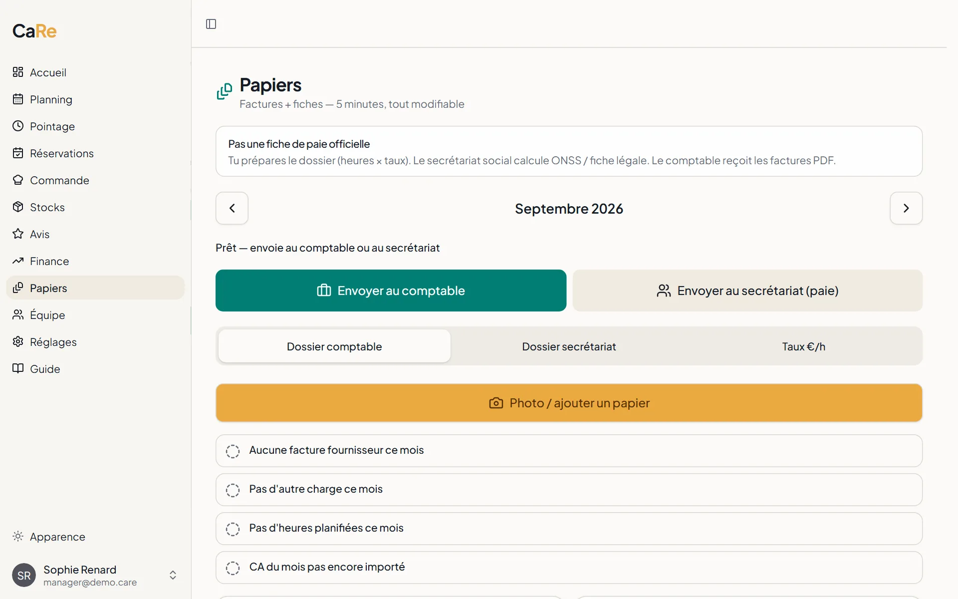 Module Papiers de CaRe : dossier comptable du mois avec factures, heures et envoi au comptable ou au secrétariat social